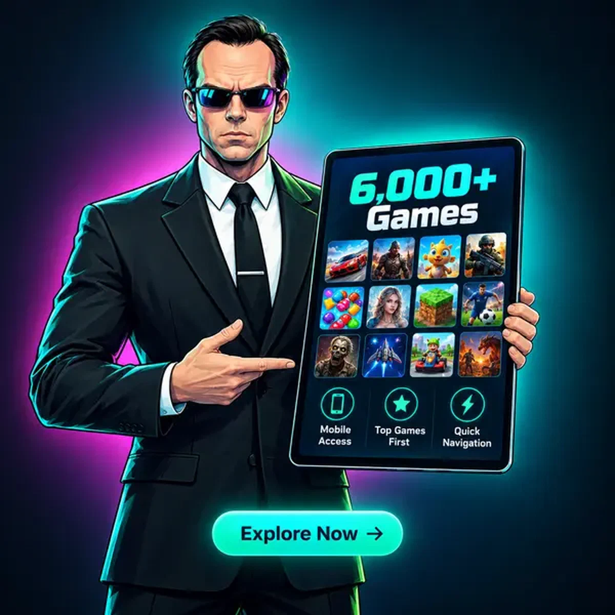 Agente con traje oscuro presentando tablet mostrando más de 6.000 juegos en la interfaz de app móvil