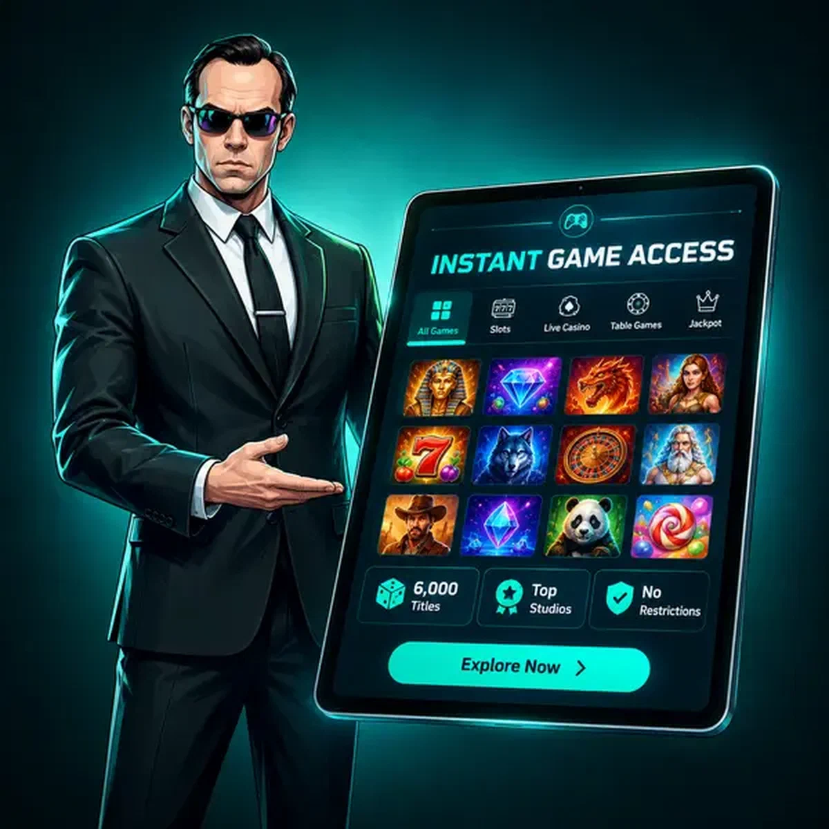 Agente presentando tablet con más de 6.000 juegos mientras jugador se registra en portal de Acceso Instantáneo a Más de 6.000 Juegos