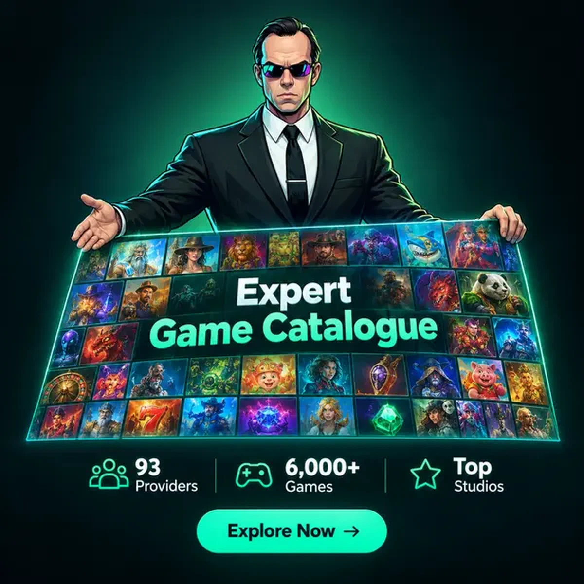 Personaje presentando mosaico de catálogo de juegos en Matrixzino Casino con 93 proveedores mostrados